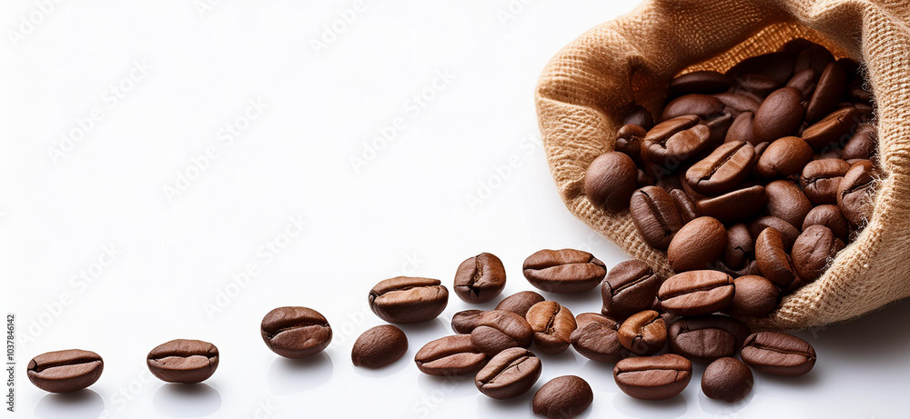 Obraz premium ziarna kawy w jutowym worku na białym tle