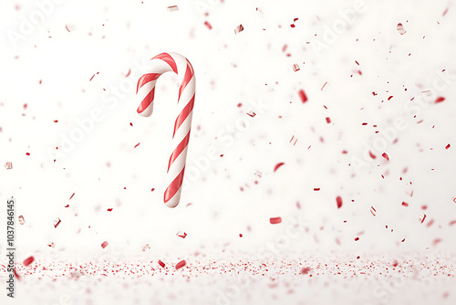 A floating candy cane amidst scattered red and white confetti, evoking festive cheer.