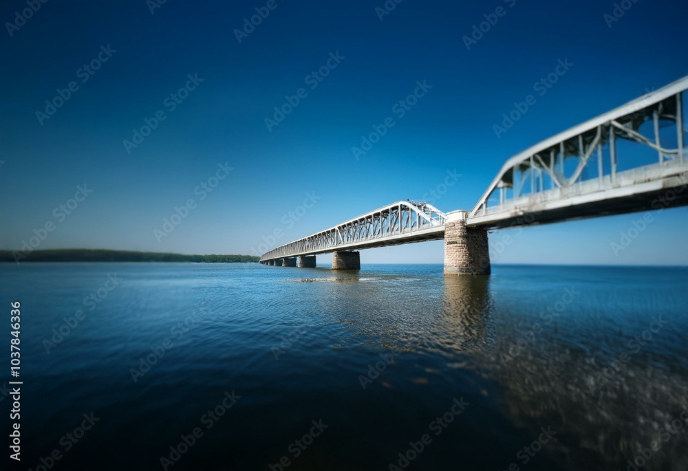 Fototapeta premium A metal bridge spans a wide body of water under a clear blue sky.