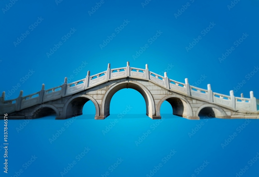 A white stone bridge with a curved archway and intricate details stands against a solid blue background. A white stone bridge with a curved archway and intricate details stands against a solid blue background.