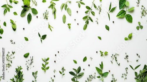 Vibrant Green Leaves and Herbs on a White Background