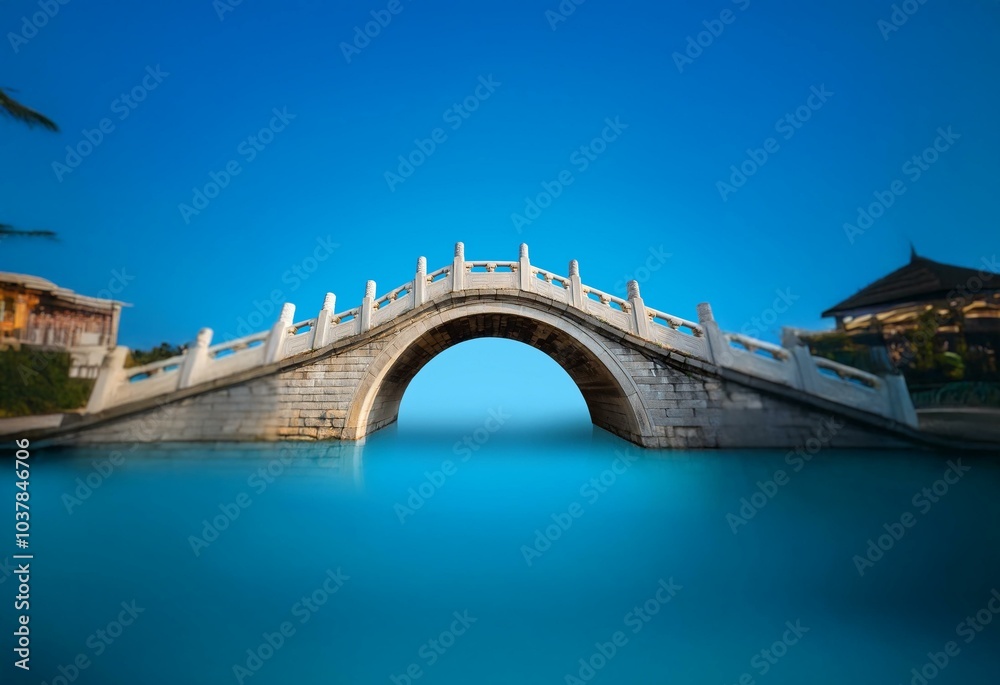 Obraz premium A white stone bridge arches over a still blue body of water, a clear blue sky above.