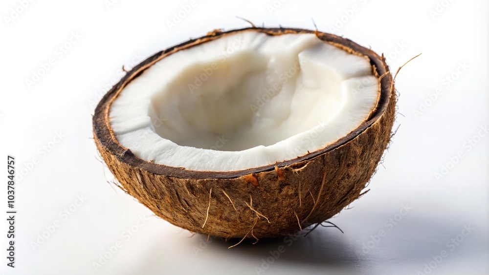 Closeup of half coconut on white background