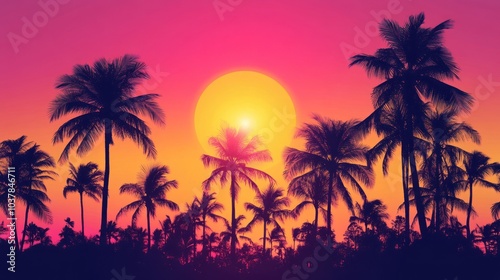 Silhouettes of palm trees against a vibrant sunset sky.