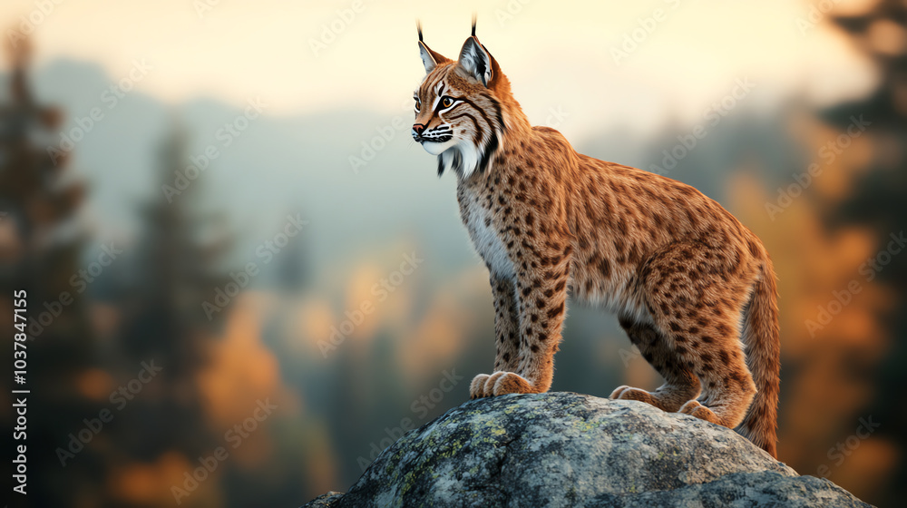 Fototapeta premium A majestic lynx perched on a rock, surrounded by a serene natural landscape, capturing the essence of wild beauty and wilderness.