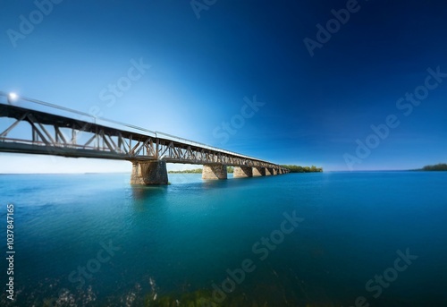 A wooden bridge spans a body of water, with a clear blue sky above.