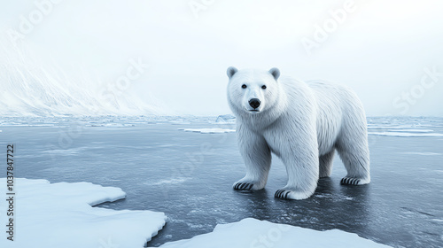 A majestic polar bear standing on ice against a serene snowy background, showcasing its bright white fur and powerful presence in its natural habitat.