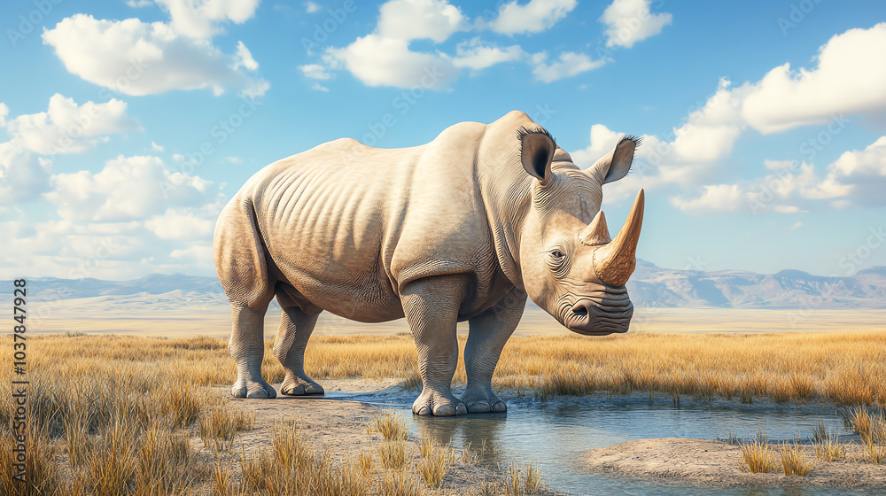 Fototapeta premium A majestic rhinoceros stands by a tranquil watering hole in a vast savanna, showcasing its powerful physique and unique horn against a vibrant sky.