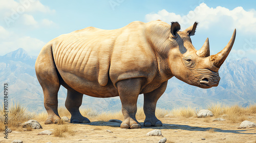 A majestic rhinoceros stands proudly against a scenic backdrop, showcasing its unique features and strength in a natural habitat.