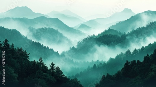 Misty green mountains with a soft, ethereal glow.