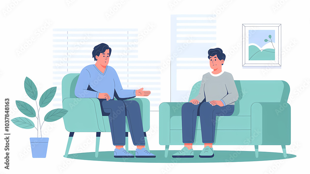 Detailed Illustration of a Therapy Session with Therapist in Blue Shirt and Client in Grey Sweater, Surrounded by Plants and Artwork Detailed Illustration of a Therapy Session with Therapist in Blue Shirt and Client in Grey Sweater, Surrounded by Plants and Artwork