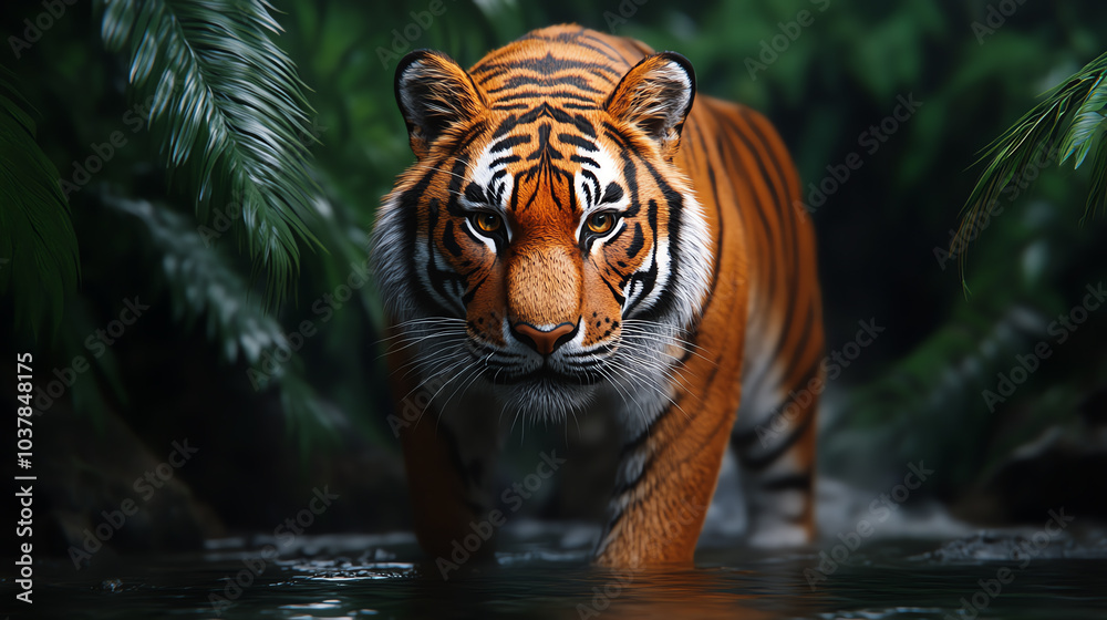 A majestic tiger emerges from the dense foliage, showcasing its striking fur and powerful presence, set against a lush, green background. A majestic tiger emerges from the dense foliage, showcasing its striking fur and powerful presence, set against a lush, green background.