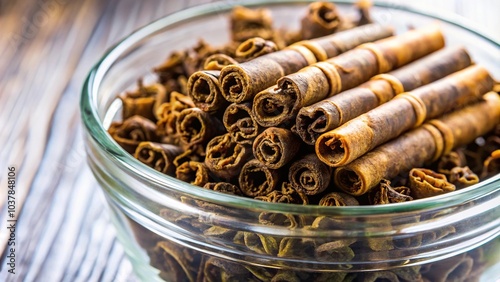 Close-up of Kudin Tea rolled into tubes in a glass bowl photo