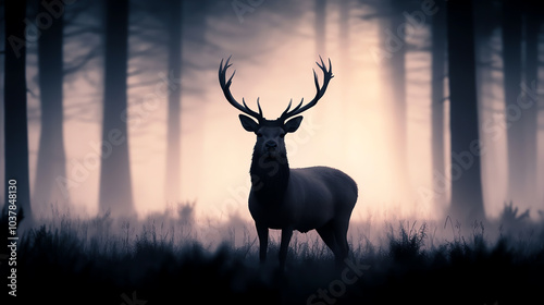 A majestic stag stands proudly in a misty forest, its antlers silhouetted against the soft, ethereal light, creating a serene and mysterious atmosphere.