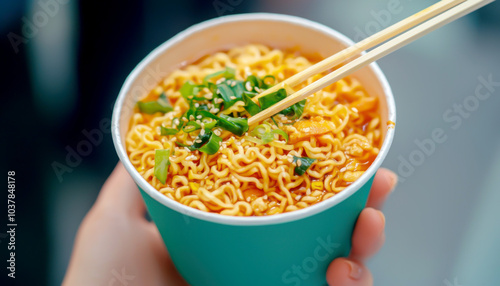 Delicious instant noodles served in a cup with fresh herbs and chopsticks.