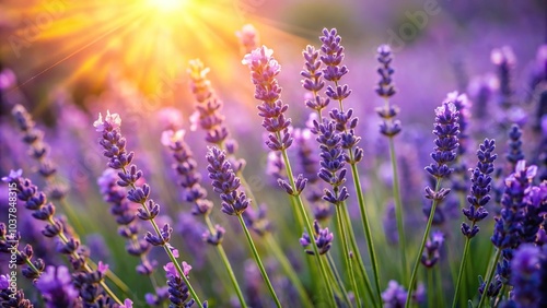 Closeup of lavender flowers with sunlight, Asymmetrical