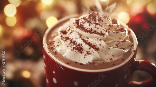 A delightful serving of creamy hot chocolate topped with fluffy whipped cream and a sprinkle of cocoa invites warmth and comfort, ideal for chilly winter evenings. Generative AI