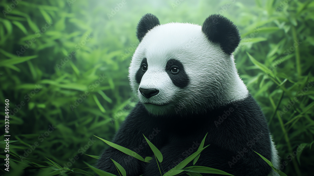 A serene panda resting among lush bamboo greenery, showcasing its distinct black and white fur in a tranquil natural habitat.