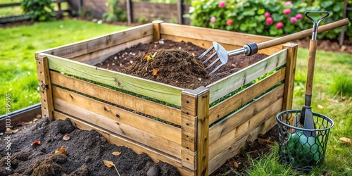 Close-up of open composting bin with fresh compost, digging fork, sieve above raised bed