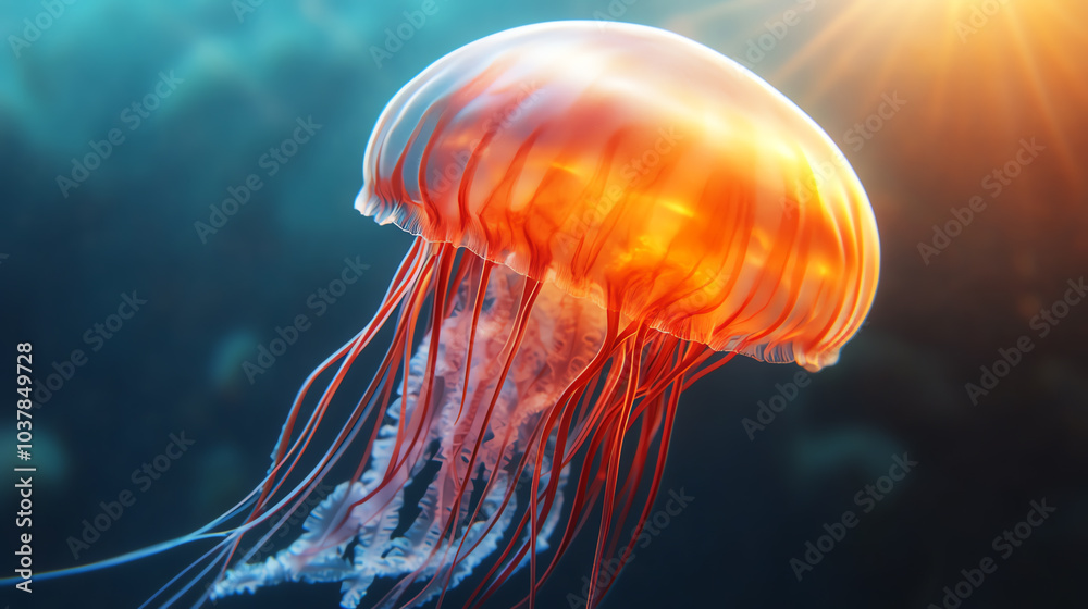 A vibrant jellyfish gracefully swimming underwater, illuminated by sunlight, showcasing its translucent body and flowing tentacles. A vibrant jellyfish gracefully swimming underwater, illuminated by sunlight, showcasing its translucent body and flowing tentacles.