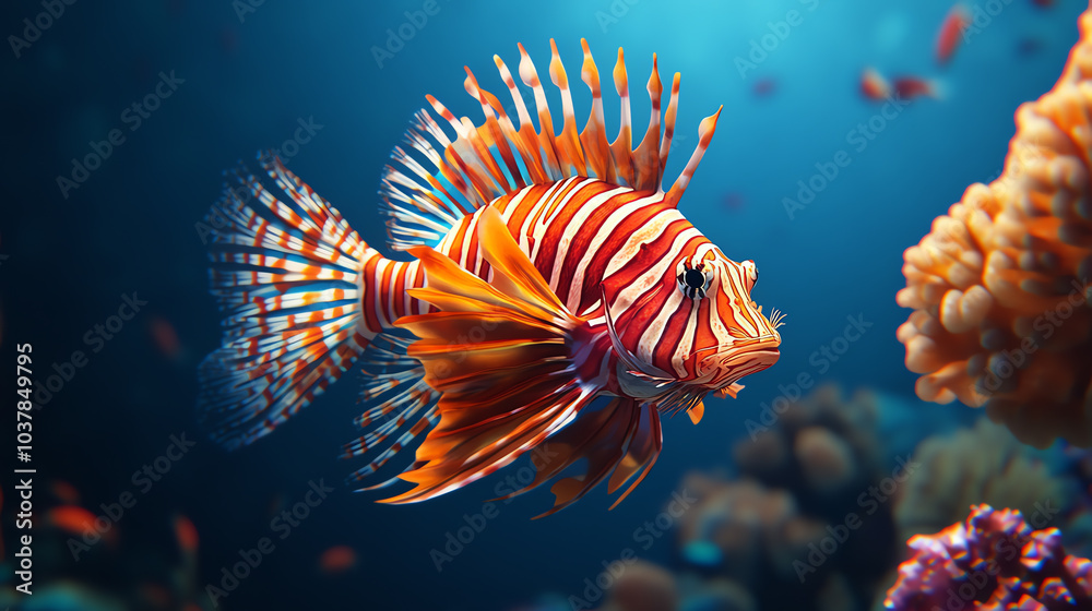A vibrant lionfish with striking orange and white stripes swimming gracefully in a colorful coral reef, showcasing marine beauty. A vibrant lionfish with striking orange and white stripes swimming gracefully in a colorful coral reef, showcasing marine beauty.