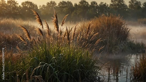 Animation of Winter Stillness Over Reed Grass. Serene frosted reed grass under a cool winter sky. Realistic motion. photo