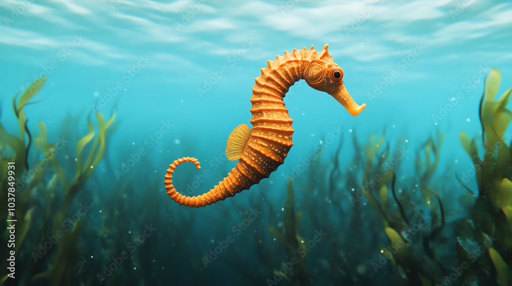 A vibrant orange seahorse gracefully swims among lush underwater vegetation, creating a serene oceanic scene with a playful marine atmosphere.