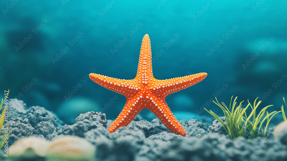 A vibrant orange starfish resting on a coral reef, surrounded by seaweed and marine life, captured underwater in a clear blue ocean. A vibrant orange starfish resting on a coral reef, surrounded by seaweed and marine life, captured underwater in a clear blue ocean.