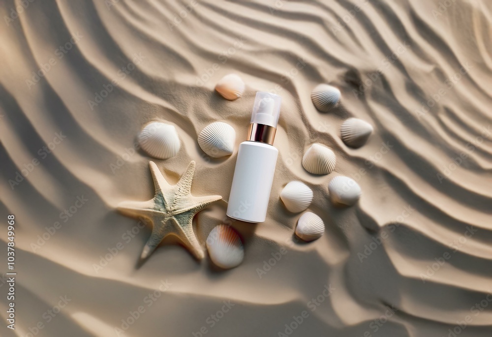 A white bottle with a gold top is surrounded by seashells and a starfish on a sandy surface. A white bottle with a gold top is surrounded by seashells and a starfish on a sandy surface.