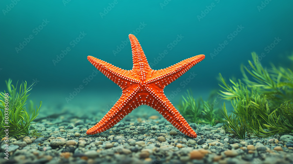 A vibrant orange starfish resting on the ocean floor amidst green seaweed, showcasing its unique texture and color in a serene underwater scene. A vibrant orange starfish resting on the ocean floor amidst green seaweed, showcasing its unique texture and color in a serene underwater scene.