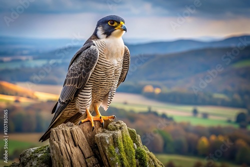 Close-up of Peregrine Falcon perched on tree stump