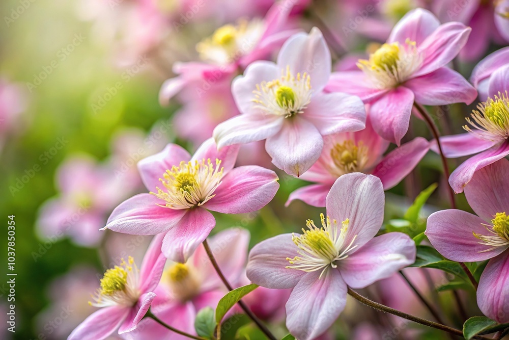 Closeup of pink Clematis Montana flowers in springtime Closeup of pink Clematis Montana flowers in springtime