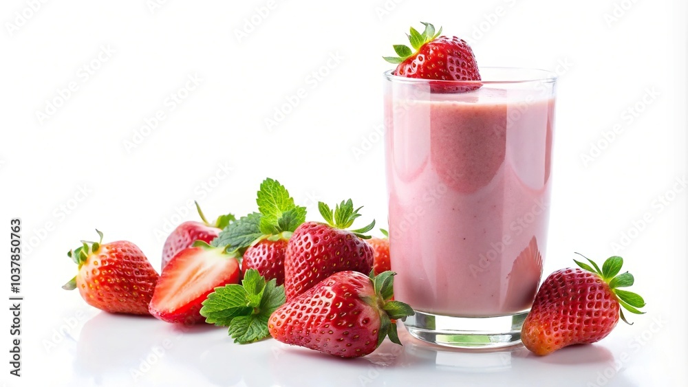Close-up of pink strawberry smoothie in glass with strawberries isolated on white background Close-up of pink strawberry smoothie in glass with strawberries isolated on white background