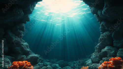 Breathtaking underwater scene showcasing vibrant coral reefs illuminated by sun rays filtering through the water surface. photo