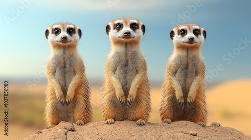 Three adorable meerkats standing upright on a rock in the desert, showcasing their curious expressions and social behavior.