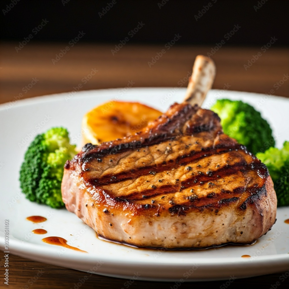 grilled pork chop with broccoli and apple slices on white plate close up delicious meal brown and green tones food photography grilled pork chop with broccoli and apple slices on white plate close up delicious meal brown and green tones food photography