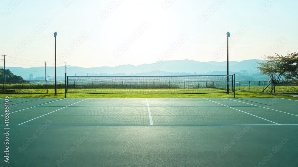 Fototapeta premium A serene outdoor badminton court with a well-maintained surface and neatly arranged net, surrounded by open fields and a bright sky, early afternoon light adding a tranquil touch