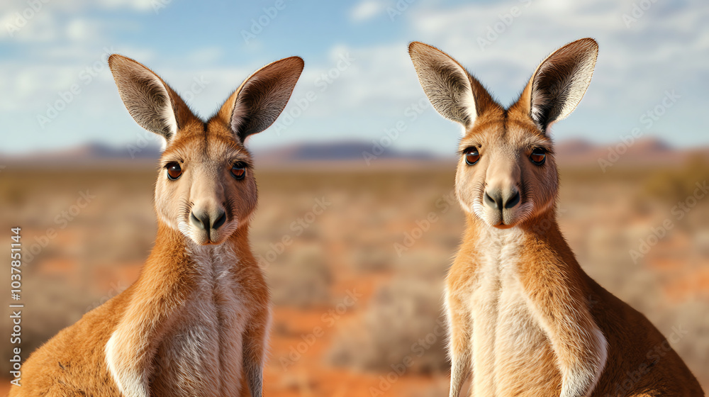 Two kangaroos standing in a dry, arid landscape under a blue sky, showcasing their unique features and natural habitat. Two kangaroos standing in a dry, arid landscape under a blue sky, showcasing their unique features and natural habitat.