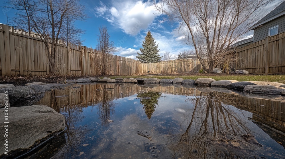 Backyard with standing water reflecting the surrounding trees and sky, capturing the serene beauty of nature's reflection and the tranquility of a still moment. Backyard with standing water reflecting the surrounding trees and sky, capturing the serene beauty of nature's reflection and the tranquility of a still moment.