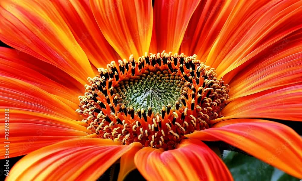 A vibrant orange flower with detailed petals and a green center against a black background. A vibrant orange flower with detailed petals and a green center against a black background.