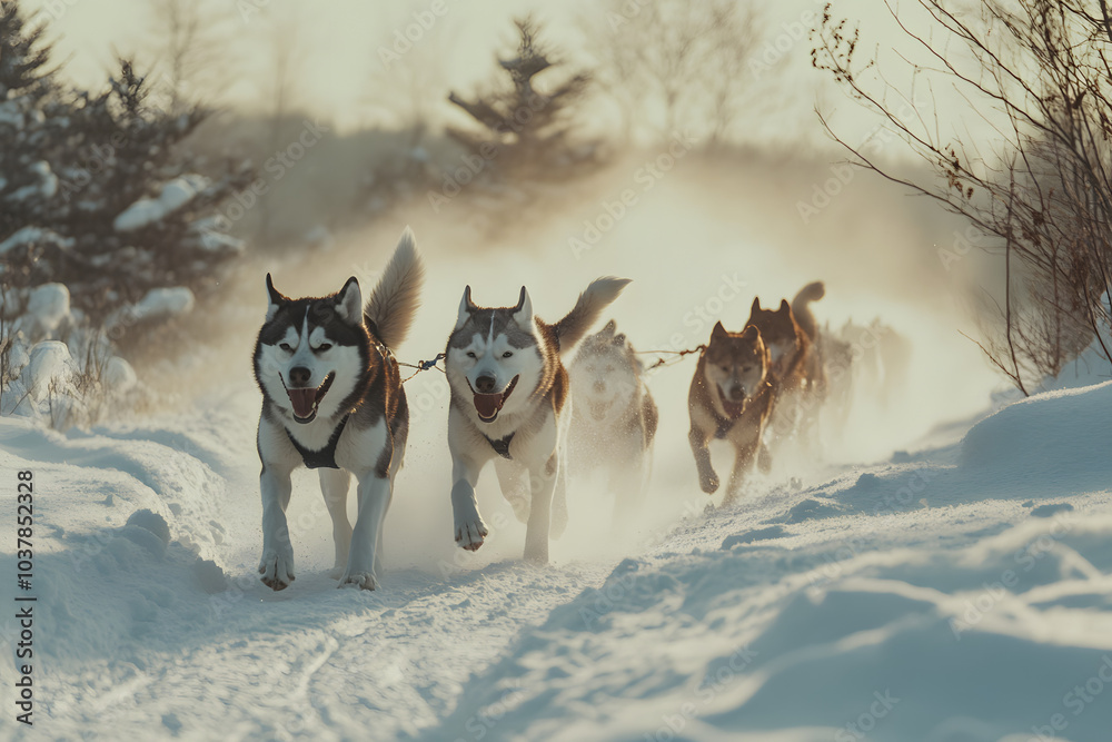 Naklejka premium Majestic Siberian Huskies Running Through a Serene Winter Wonderland