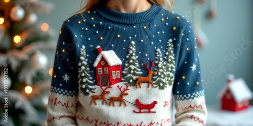 Festive christmas jumper with reindeer and snowy scene for holiday cheer