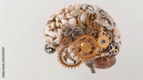 a brain suspended in mid-air, with gears and clockwork mechanisms spinning around it photo