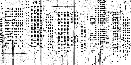 Grunge city sketch background. Halftone pixelated background. Grunge black and white pattern. Monochrome particles abstract texture.