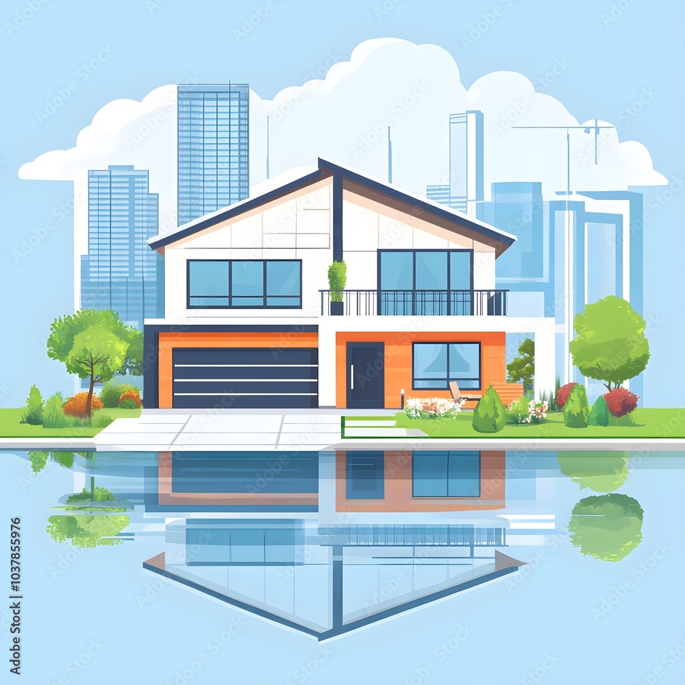 Modern House with Reflection in Water and City Skyline Modern House with Reflection in Water and City Skyline