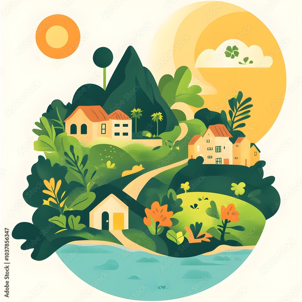 Colorful Illustration of a Small Village in a Lush Green Landscape with a Winding Road Colorful Illustration of a Small Village in a Lush Green Landscape with a Winding Road