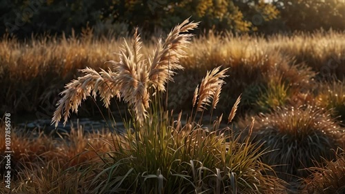 Animation of Summer’s Early Morning Light on Reed Grass. Bright morning light touching reed grass fields. Realistic motion. photo