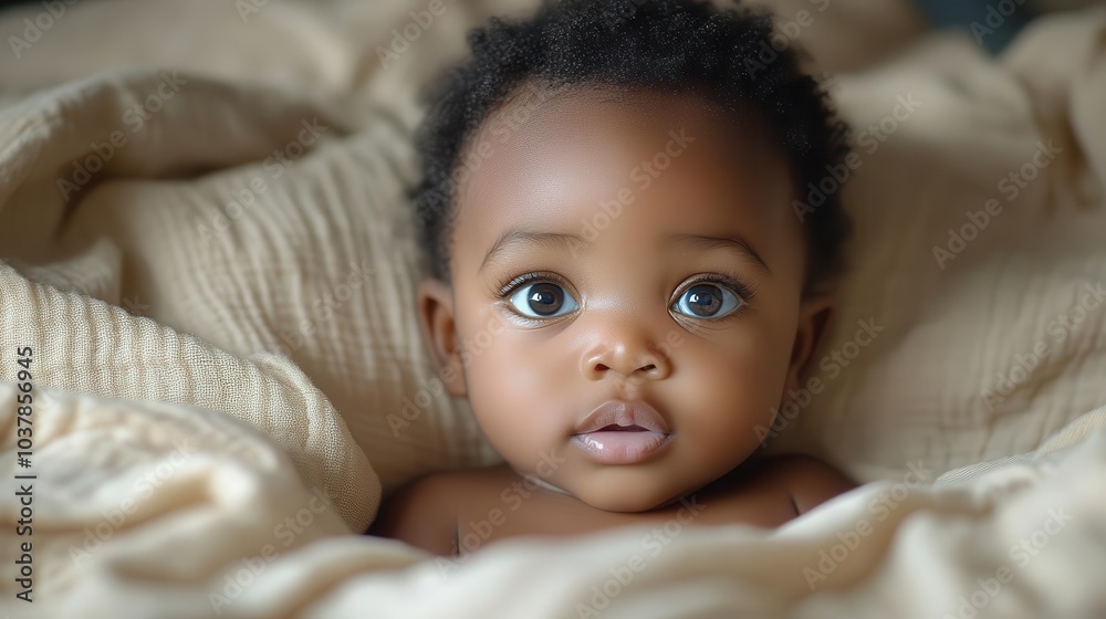 adorable african baby with bright eyes gently resting on a soft bed morning light streaming through creating a warm and loving atmosphere adorable african baby with bright eyes gently resting on a soft bed morning light streaming through creating a warm and loving atmosphere