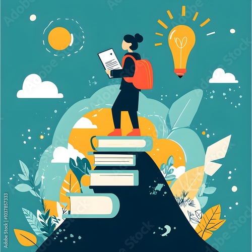 Student with Backpack Standing on Books with a Lightbulb Above Her Head