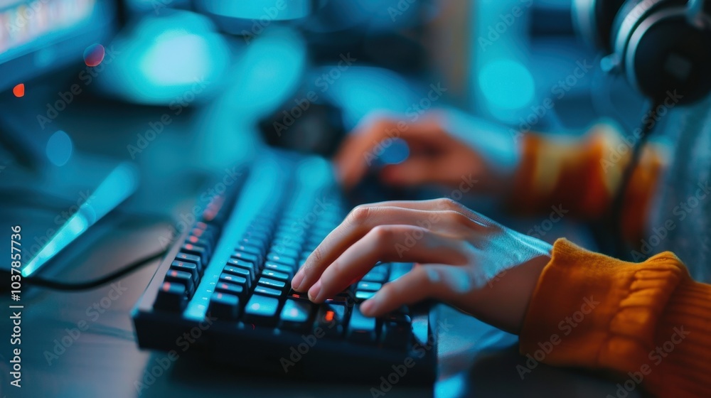 Close-up of hands typing on a keyboard with colorful lighting, showcasing intense focus and technology in a modern workspace environment. Close-up of hands typing on a keyboard with colorful lighting, showcasing intense focus and technology in a modern workspace environment.